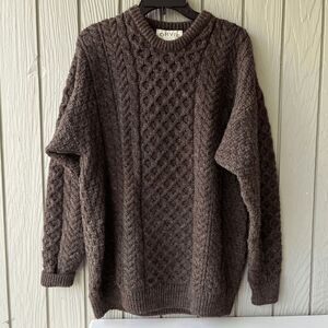 Orvis Made in Ireland 100% Pure New Wool Fisherman Cable Knit Sweater Brown L